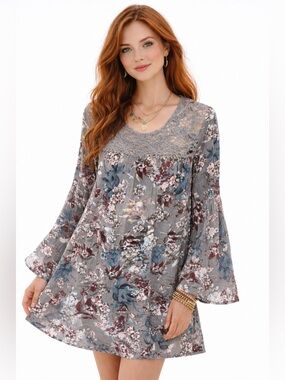 Umgee Boho Floral Tunic Dress Lace Yoke Bell Sleeve Flowy Hippie Top Medium